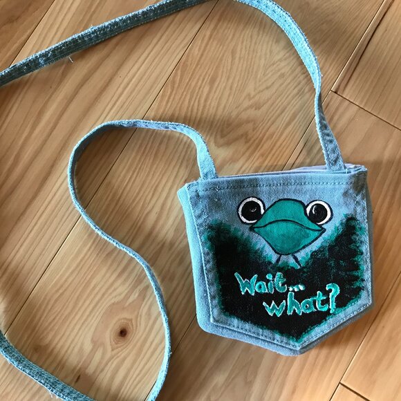 Handmade Crossbody Bag: Recycled Denim Cell Phone Holder, Whimsical Frog Purse - Picture 2 of 8